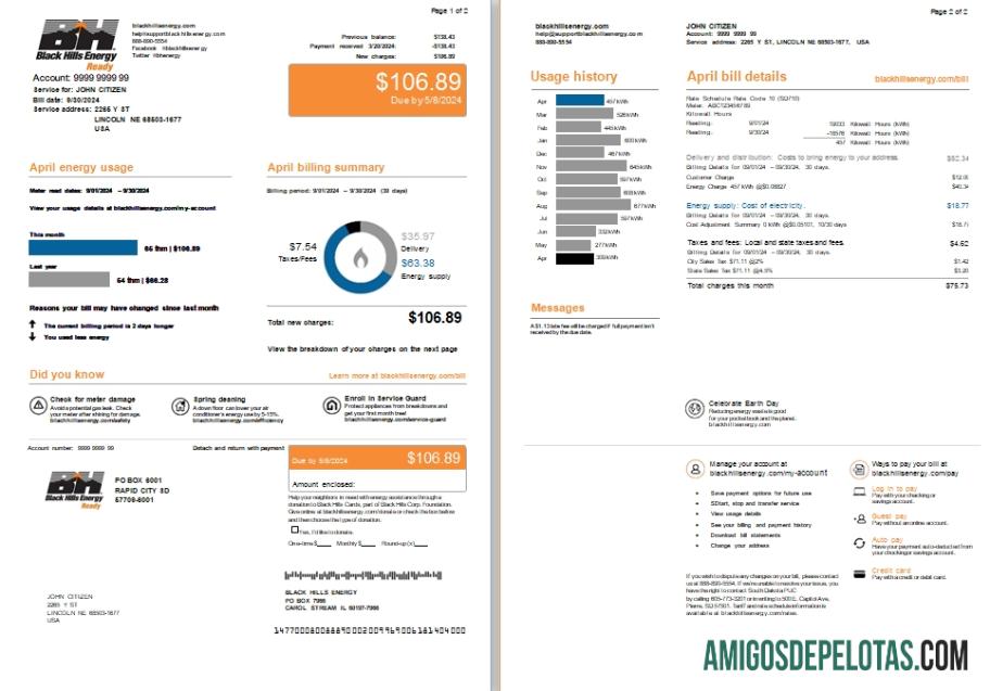 Projeto de lei de serviços públicos de energia de Lincoln Black Hills, EUA, Nebraska, 2 páginas Scr exemplo